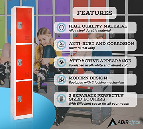 AdirOffice Large School Locker with 3 Doors 3 Hooks Storage Locker - Metal Storage Locker Cabinet Ideal for School, Garage, Office Lockers - (3 Door, Red)