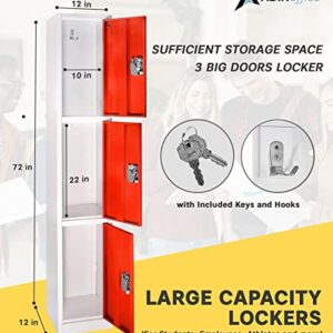 AdirOffice Large School Locker with 3 Doors 3 Hooks Storage Locker - Metal Storage Locker Cabinet Ideal for School, Garage, Office Lockers - (3 Door, Red)