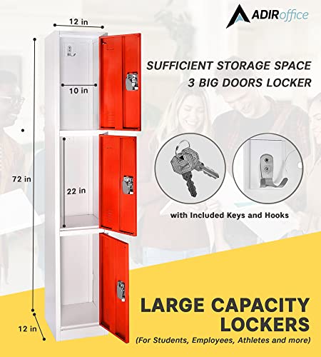 AdirOffice Large School Locker with 3 Doors 3 Hooks Storage Locker - Metal Storage Locker Cabinet Ideal for School, Garage, Office Lockers - (3 Door, Red)