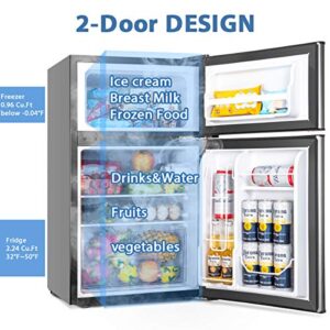 EUHOMY Mini Fridge with Freezer, 3.2 Cu.Ft Mini refrigerator fridge, 2 door For Bedroom/Dorm/Apartment/Office - Food Storage or Cooling Drinks(Silver).