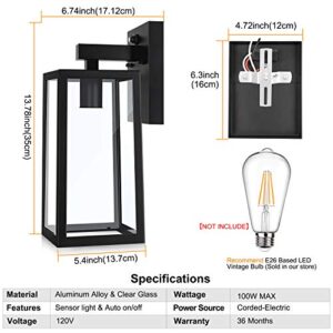 SHINE HAI Dusk to Dawn Sensor Outdoor Wall Sconce, Exterior Wall Lantern Fixture with E26 Base Socket, Wall Mount Lights Anti-Rust Waterproof Black Wall Lamp with Glass Shade for Garage, Doorway