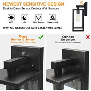 SHINE HAI Dusk to Dawn Sensor Outdoor Wall Sconce, Exterior Wall Lantern Fixture with E26 Base Socket, Wall Mount Lights Anti-Rust Waterproof Black Wall Lamp with Glass Shade for Garage, Doorway