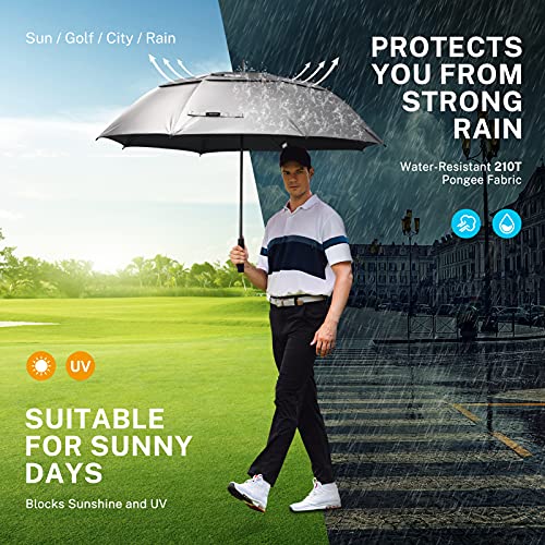 Gonex 68 Inch Silver Extra Large Golf Umbrella, Automatic Open Travel Rain Umbrella with Windproof Water Resistant Double Canopy, Oversize Vented Umbrellas for 2-3 Men and UV protection, Black