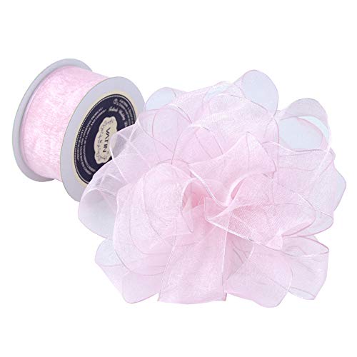 VATIN Christmas Ribbon Sheer Organza Wired Ribbon 1-1/2 inch 25 Yards ( 75Ft ) -Light Pink/Baby Pink ,Perfect for Making Bows and Wreaths