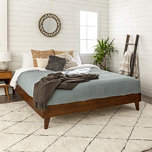 Walker Edison Mid Century Modern Wood King Platform Bed Frame No Box Spring Needed Bedroom Headboard Base, King, Walnut