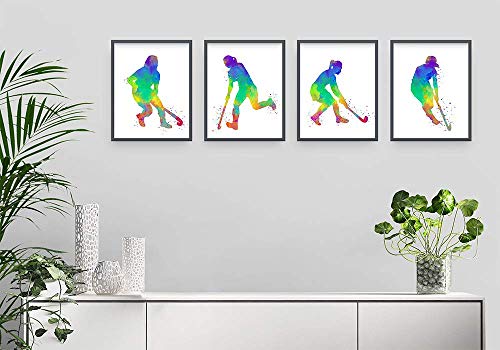 Field Hockey Player Abstract Wall Art, 8x10, Ready to Frame Set of 4 Prints, Ideal for Female Players, Coaches and Hockey Fans - Great Teen Girl Bedroom, Hockey Club Locker Room or Dorm Room Décor