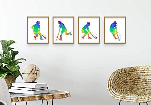 Field Hockey Player Abstract Wall Art, 8x10, Ready to Frame Set of 4 Prints, Ideal for Female Players, Coaches and Hockey Fans - Great Teen Girl Bedroom, Hockey Club Locker Room or Dorm Room Décor