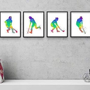 Field Hockey Player Abstract Wall Art, 8x10, Ready to Frame Set of 4 Prints, Ideal for Female Players, Coaches and Hockey Fans - Great Teen Girl Bedroom, Hockey Club Locker Room or Dorm Room Décor