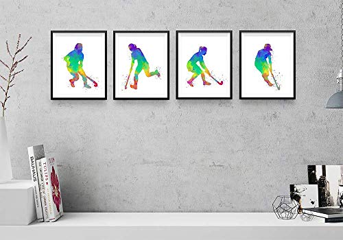 Field Hockey Player Abstract Wall Art, 8x10, Ready to Frame Set of 4 Prints, Ideal for Female Players, Coaches and Hockey Fans - Great Teen Girl Bedroom, Hockey Club Locker Room or Dorm Room Décor