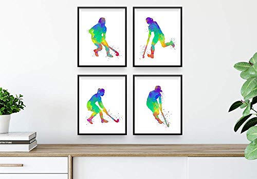 Field Hockey Player Abstract Wall Art, 8x10, Ready to Frame Set of 4 Prints, Ideal for Female Players, Coaches and Hockey Fans - Great Teen Girl Bedroom, Hockey Club Locker Room or Dorm Room Décor