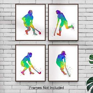 Field Hockey Player Abstract Wall Art, 8x10, Ready to Frame Set of 4 Prints, Ideal for Female Players, Coaches and Hockey Fans - Great Teen Girl Bedroom, Hockey Club Locker Room or Dorm Room Décor