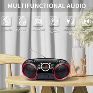 SINGING WOOD 030C Portable CD Player Boombox with AM FM Stereo Radio, Aux Line in, Headphone Jack, Supported AC or Battery Powered (Black with a Touch of Red Rims)