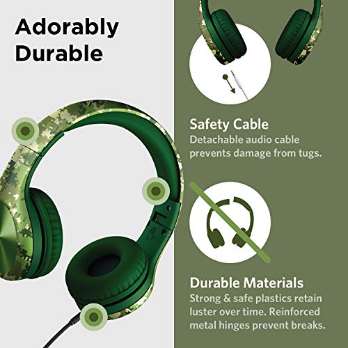 LilGadgets Connect+ Pro Boys Headphones for School - Designed with Kids' Comfort in Mind, Foldable Over-Ear Headset with in-line Microphone, Headphones Wired, Headphones for Kids, Digital Camo