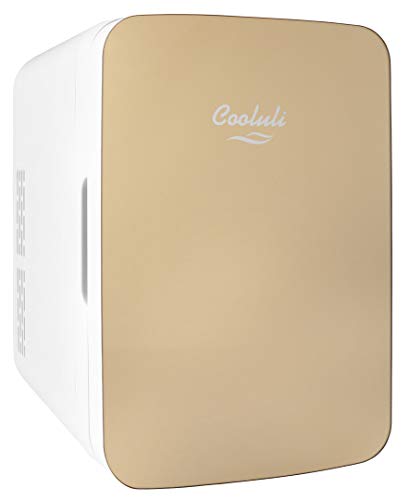 Cooluli 10L Mini Fridge for Bedroom - Car, Office Desk & College Dorm Room - 12v Portable Cooler & Warmer for Food, Drinks, Skincare, Beauty & Makeup - AC/DC Small Refrigerator with Glass Front, Gold