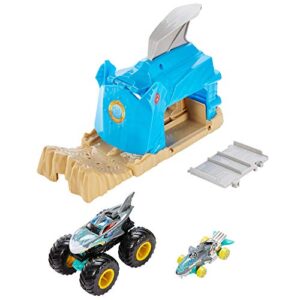 hot wheels monster truck pit & launch playsets with a 1 monster truck & 1 1:64 scale car, great gift for kids ages 4 years & older