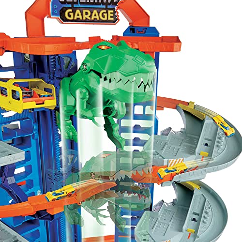 Hot Wheels Toy Car Track Set City Ultimate Garage Moving T-Rex Dinosaur, 100+ 1:64 Scale Vehicle Storage, 3-Ft Tall, 2 Toy Cars