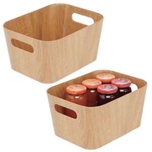 mdesign wood print food bin box with handles - rustic basket for kitchen and pantry vegetable and potato storage - perfect for garlic, onions, fruit, and more - 12" long - 2 pack - natural