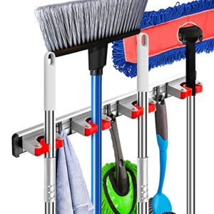 alpine industries mop and broom holder track - 5 hooks 4 holders sliding cleaning tool organizer - heavy-duty adjustable wall mount space saving storage solution (4 holders - 5 hooks)