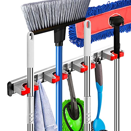 Alpine Industries Mop and Broom Holder Track - 5 Hooks 4 Holders Sliding Cleaning Tool Organizer - Heavy-Duty Adjustable Wall Mount Space Saving Storage Solution (4 Holders - 5 Hooks)