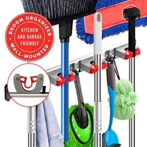 Alpine Industries Mop and Broom Holder Track - 5 Hooks 4 Holders Sliding Cleaning Tool Organizer - Heavy-Duty Adjustable Wall Mount Space Saving Storage Solution (4 Holders - 5 Hooks)