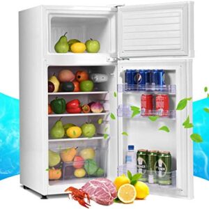 ReunionG, White 2-Door Compact Refrigerator, Counter Fridge with Large 3.4 cu. ft. Capacity, Freezer Unit with Removable Glass Shelves and Adjustable Legs for Kitchen, Dorm, Apartment and Office