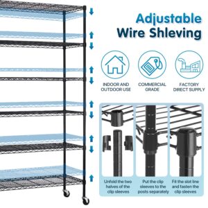 Storage Shelves Metal Shelf Wire Shelving Unit with Wheels 6 Tier NSF Certification Height Adjustable Garage Shelving Utility Steel Heavy Duty Commercial Grade Shelving Rack for Garage Pantry Kitchen