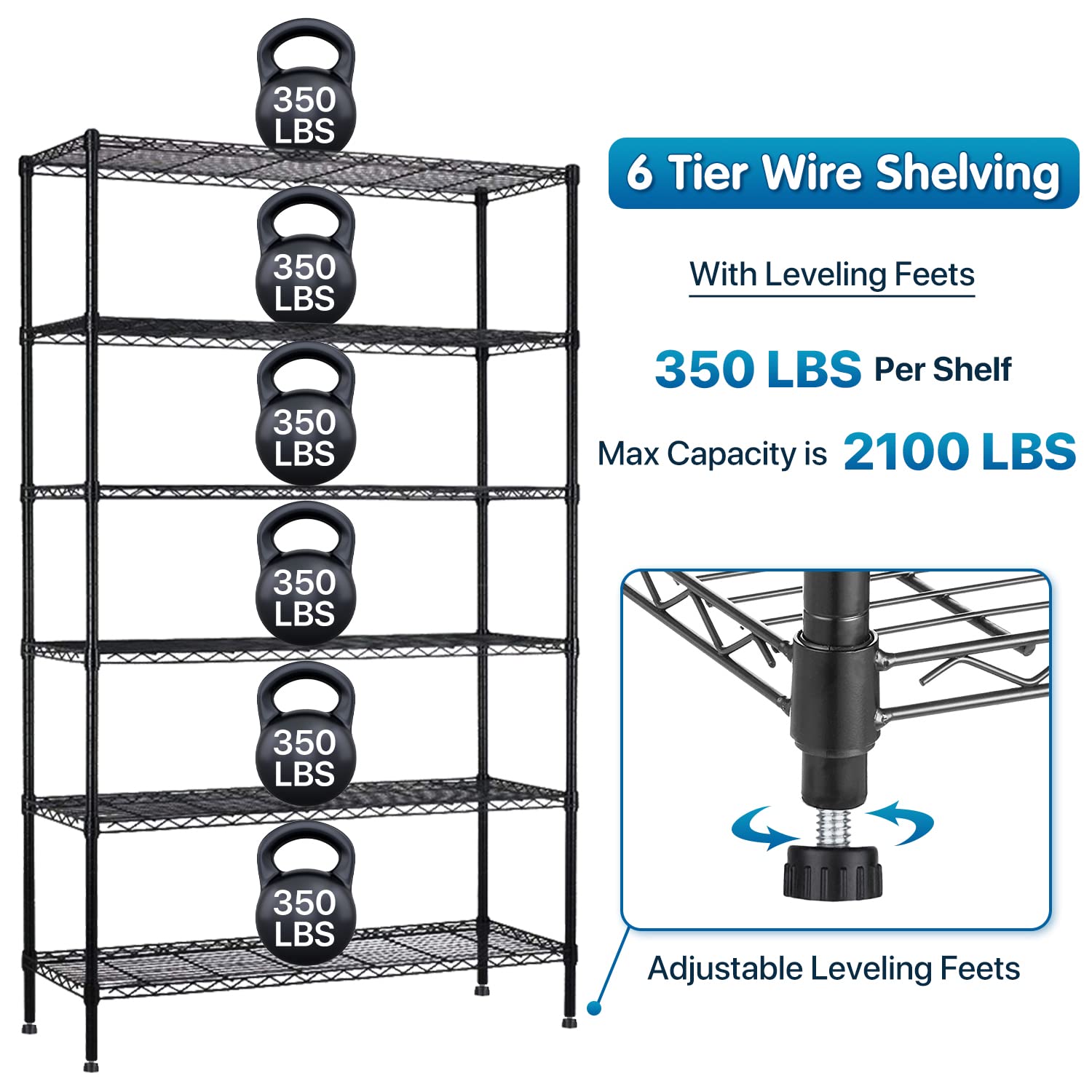 Storage Shelves Metal Shelf Wire Shelving Unit with Wheels 6 Tier NSF Certification Height Adjustable Garage Shelving Utility Steel Heavy Duty Commercial Grade Shelving Rack for Garage Pantry Kitchen