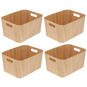 mDesign Wood Print Food Bin Box with Handles - Rustic Basket for Kitchen and Pantry Vegetable and Potato Storage - Perfect for Garlic, Onions, Fruit, and More - 16" Long - 4 Pack - Natural