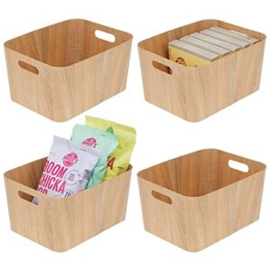 mDesign Wood Print Food Bin Box with Handles - Rustic Basket for Kitchen and Pantry Vegetable and Potato Storage - Perfect for Garlic, Onions, Fruit, and More - 16" Long - 4 Pack - Natural