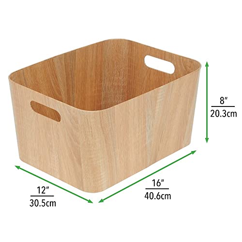 mDesign Wood Print Food Bin Box with Handles - Rustic Basket for Kitchen and Pantry Vegetable and Potato Storage - Perfect for Garlic, Onions, Fruit, and More - 16" Long - 4 Pack - Natural