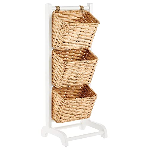 mDesign Water Hyacinth 3-Tiered Storage Baskets Floor Stand with Market Basket Storage Bins - Vertical Standing Rack for Living Room, Laundry, Bedroom, Bathroom, Office Organization - White/Natural