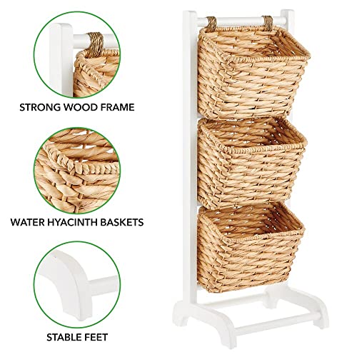 mDesign Water Hyacinth 3-Tiered Storage Baskets Floor Stand with Market Basket Storage Bins - Vertical Standing Rack for Living Room, Laundry, Bedroom, Bathroom, Office Organization - White/Natural