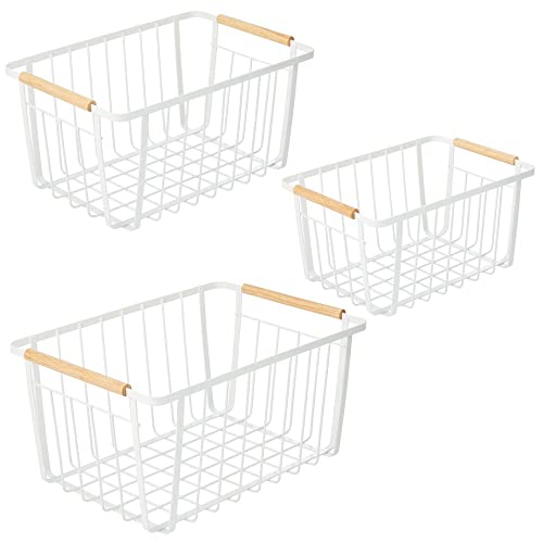 mDesign Metal Farmhouse Wire Organizer Storage Bin Basket with Handle - Rustic Container Organizers for Cabinet, Shelves, Counter, Bathroom, or Kitchen Pantry - Set of 3 - Matte White