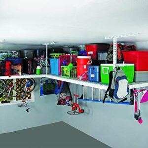 MonsterRax Overhead Garage Storage Rack- 4 x 8 Ceiling Rack for Garage Shelving, Organization, & Storage, Adjustable Hanging Storage for Bikes, Equipment & Accessories (White, 18"-33", 2-Pack).