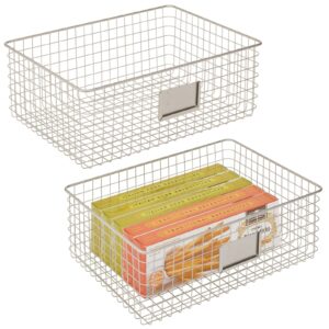 mdesign wide steel wired storage organizer bin baskets with label slot for kitchen pantry, cabinet, organizing holder for food, drinks, snacks, produce, omaha collection, 2 pack, satin