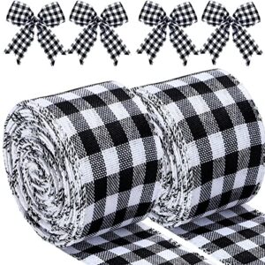 2 rolls wired edge ribbons buffalo plaid burlap ribbon farmhouse diy gift wrapping crafts for christmas bow wreath tree decoration (white black plaid, 2.5 inch wide, 472 inch)