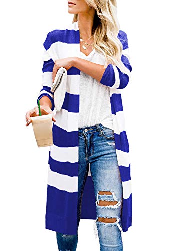 CARDYDONY Women's Long Sleeve Novelty Knit Cardigan Sweater Stripe Royal Blue M