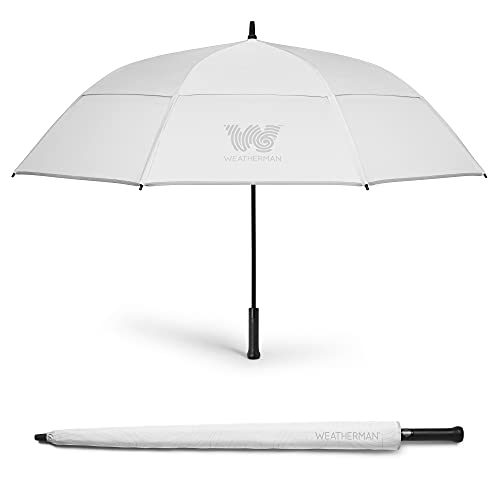 Weatherman Umbrella - Golf Umbrella - Windproof Sports Umbrella Resists Up to 55 MPH Winds - Available in 2 Sizes (62 inch, White)