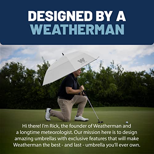 Weatherman Umbrella - Golf Umbrella - Windproof Sports Umbrella Resists Up to 55 MPH Winds - Available in 2 Sizes (62 inch, White)