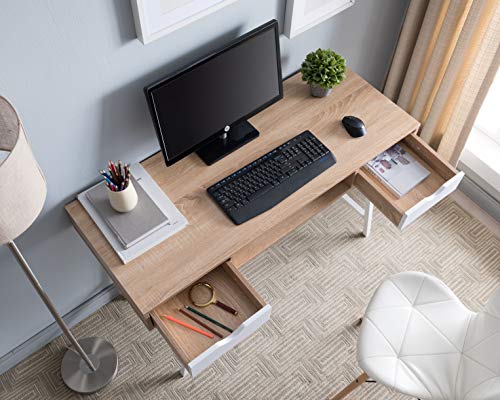 JJS Home Office Writing Desk with Drawers, Modern Computer Study Wooden Desk Table Laptop PC Workstation with Storage, Mid Century White Oak