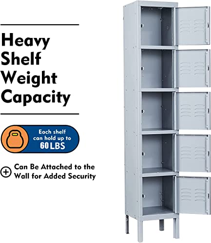 INTERGREAT Metal Locker for School Office Gym Metal Storage Locker Cabinet for Employees Students Steel Locker 5 Tier with 5 Door Gray