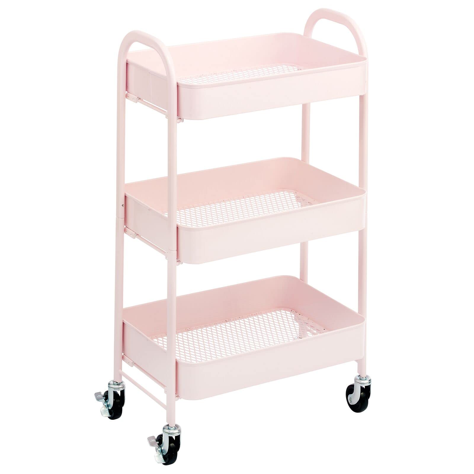 mDesign Metal 3-Tier Rolling Utility Storage Carts - Organizer Trolley for Bathroom, Kitchen, Laundry, Office, and Kids Rooms - Heavy Duty Caddy with 4 Caster Wheels - Light Pink