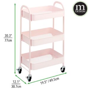 mDesign Metal 3-Tier Rolling Utility Storage Carts - Organizer Trolley for Bathroom, Kitchen, Laundry, Office, and Kids Rooms - Heavy Duty Caddy with 4 Caster Wheels - Light Pink
