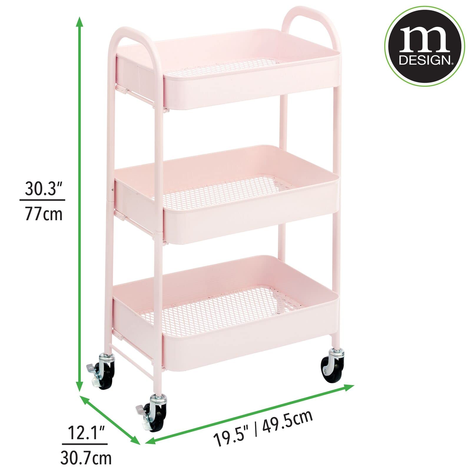 mDesign Metal 3-Tier Rolling Utility Storage Carts - Organizer Trolley for Bathroom, Kitchen, Laundry, Office, and Kids Rooms - Heavy Duty Caddy with 4 Caster Wheels - Light Pink