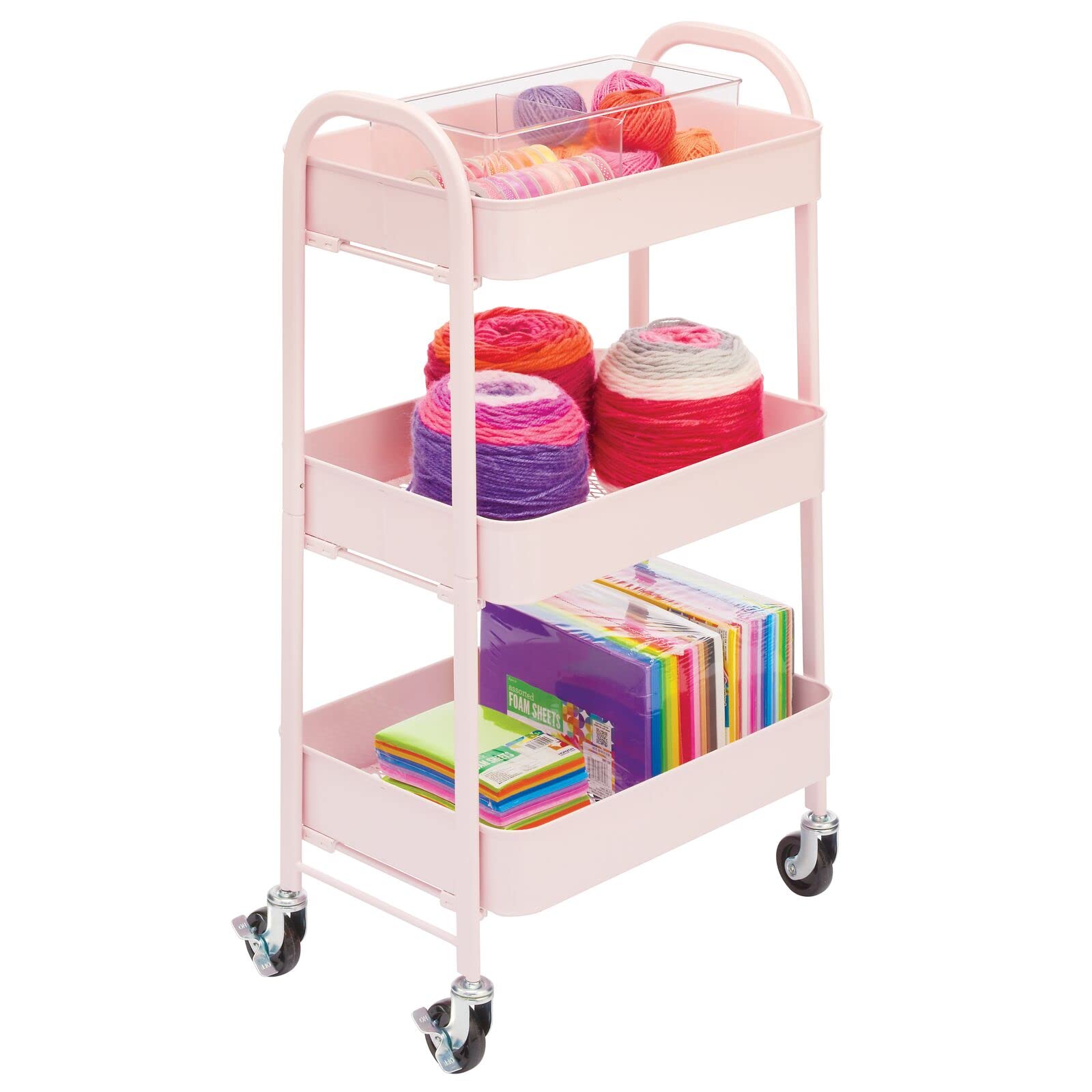 mDesign Metal 3-Tier Rolling Utility Storage Carts - Organizer Trolley for Bathroom, Kitchen, Laundry, Office, and Kids Rooms - Heavy Duty Caddy with 4 Caster Wheels - Light Pink