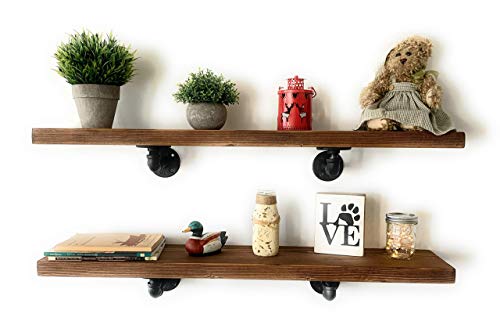 Industrial Wooden Floating Shelves - Wall Decor for Home Kitchen, Bathroom, Bedroom - Rustic Pine Custom Office Organizer with Pipe Brackets - Set of 2 - 1.5" x 7.5" x 36" - Early American