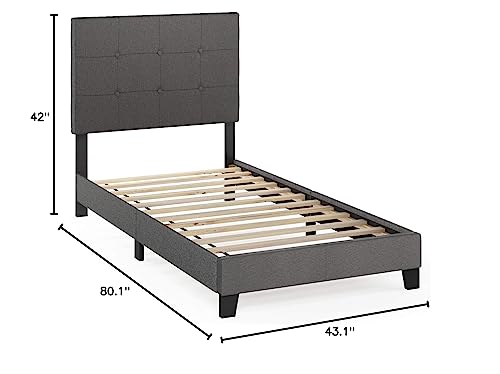 Furinno Laval Button Tufted Upholstered Platform Bed Frame, Twin, Stone