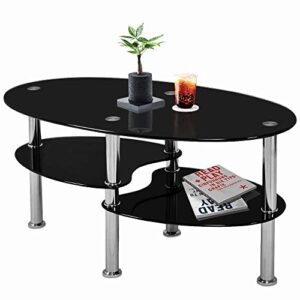 nidouillet 3 tier tempered glass table with glass shelves and stainless steel legs, oval-shaped coffee table living room home furniture 35.4" x 19.7" x17.7 (l x w x h)- black ab026