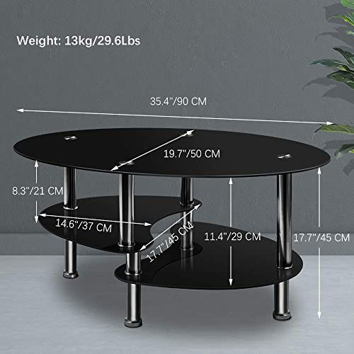 Nidouillet 3 Tier Tempered Glass Table with Glass Shelves and Stainless Steel Legs, Oval-Shaped Coffee Table Living Room Home Furniture 35.4" x 19.7" x17.7 (L x W x H)- Black AB026