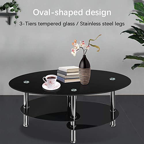 Nidouillet 3 Tier Tempered Glass Table with Glass Shelves and Stainless Steel Legs, Oval-Shaped Coffee Table Living Room Home Furniture 35.4" x 19.7" x17.7 (L x W x H)- Black AB026